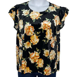 ANA Sz L TShirt Top Ruffle Sleeves Orange Roses Black Velvet Romantic Whimsygoth